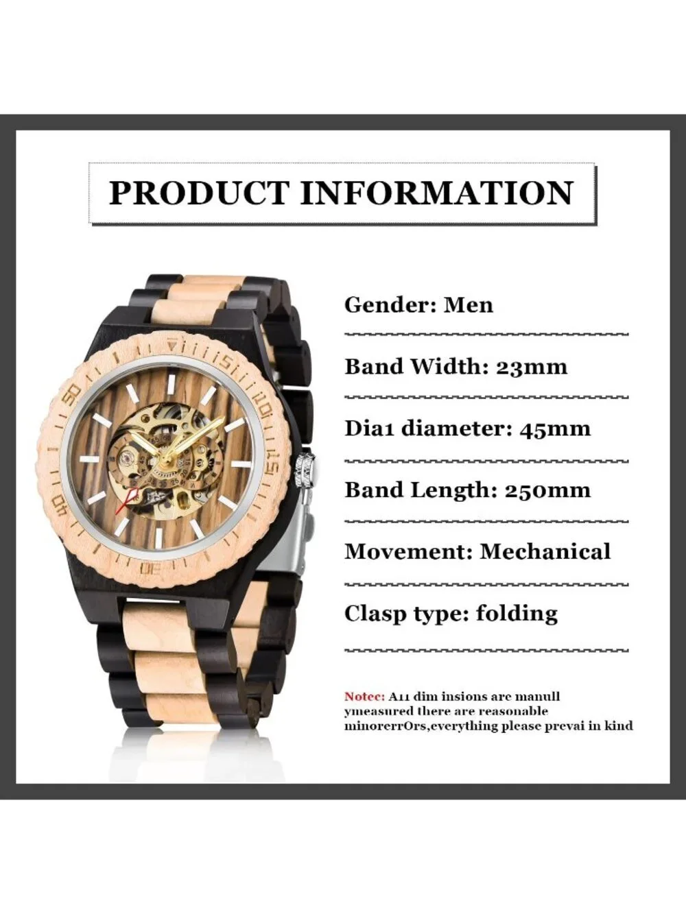 Men's Black And Beige Analog No Battery Fashion Mechanical Movement Wooden Watch